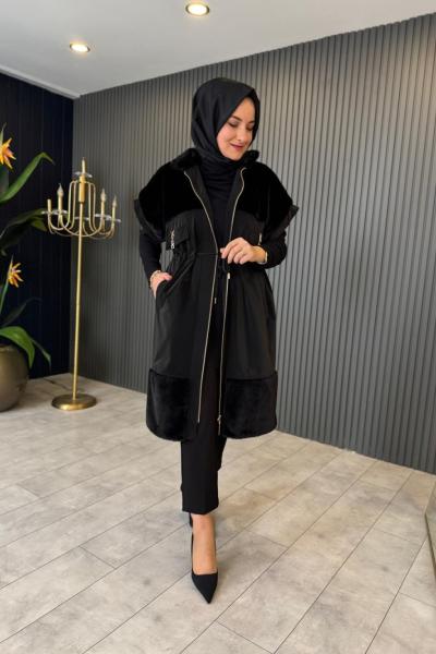 Kürklü Paraşüt Yelek Siyah