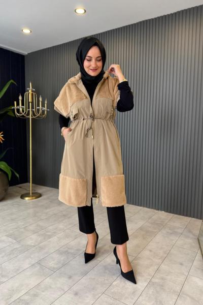 Kürklü Paraşüt Yelek Camel