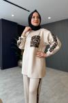 Leopar Detaylı Pantolonlu Takım Krem