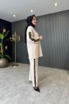 Leopar Detaylı Pantolonlu Takım Krem