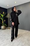 Leopar Detaylı Pantolonlu Takım Siyah