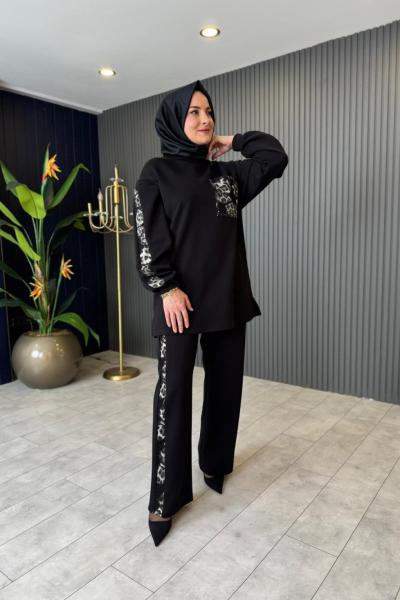 Leopar Detaylı Pantolonlu Takım Siyah
