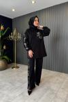Leopar Detaylı Pantolonlu Takım Siyah