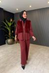 Gül Ve Peluş Detaylı Pantolonlu Takım Bordo