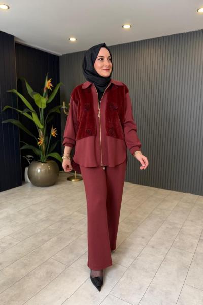 Gül Ve Peluş Detaylı Pantolonlu Takım Bordo