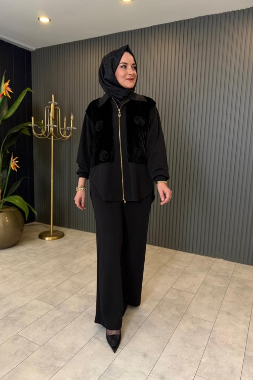 Gül Ve Peluş Detaylı Pantolonlu Takım Siyah