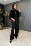 Gül Ve Peluş Detaylı Pantolonlu Takım Siyah