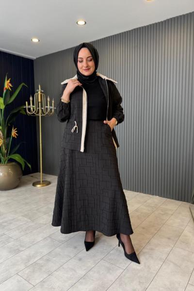 Belden Büzgülü Kürk Detaylı Etekli Takım Siyah