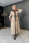 Belden Büzgülü Kürk Detaylı Etekli Takım Bej