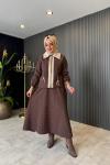 Belden Büzgülü Kürk Detaylı Etekli Takım Kahve