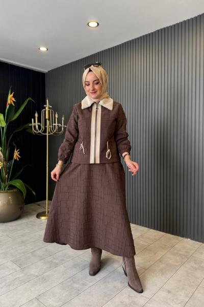 Belden Büzgülü Kürk Detaylı Etekli Takım Kahve