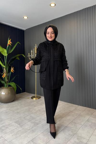 File Detaylı Tasarım Pantolon Takım Siyah