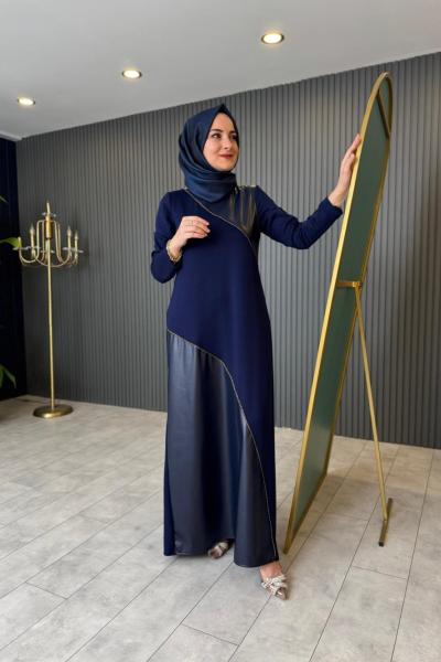 Deri Zincir Detaylı Elbise Lacivert