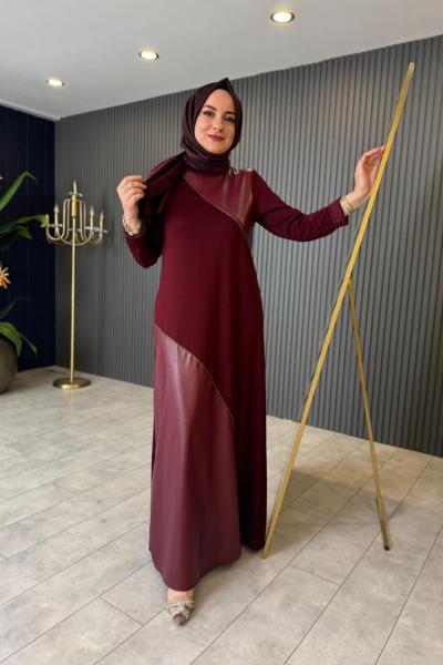 Deri Zincir Detaylı Elbise Bordo