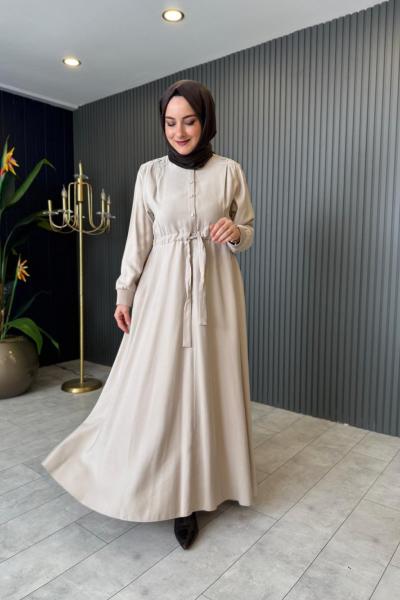 Anjelik Önden Yarım Düğmeli Elbise Taş Rengi