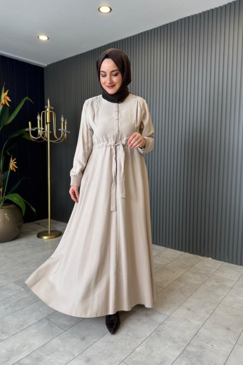 Anjelik Önden Yarım Düğmeli Elbise Taş Rengi