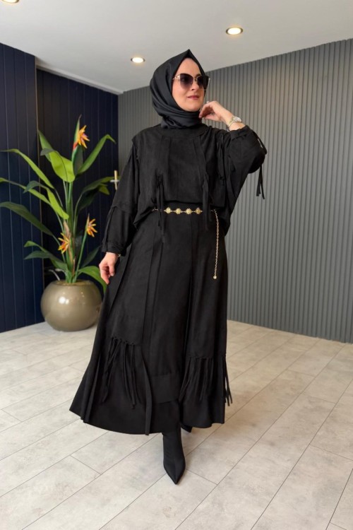 Yarasa Kol Nubuk Etekli Takım Siyah