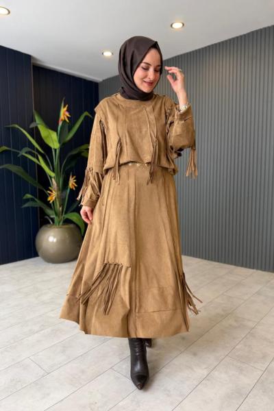 Yarasa Kol Nubuk Etekli Takım Camel