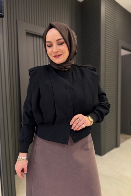 Anjelik Apoletli Kısa Ceket Siyah