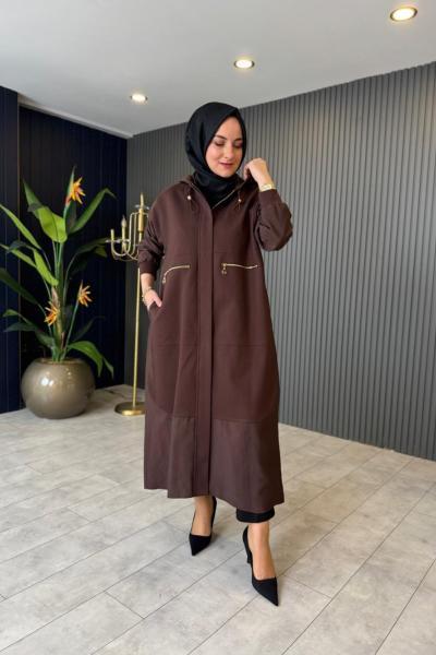 Kapüşonlu Dubai Garnili Çelik Kap Kahverengi