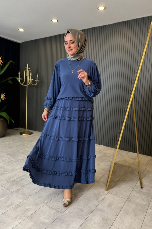 Fırfır Detaylı Efsun Etekli Takım İndigo Mavi