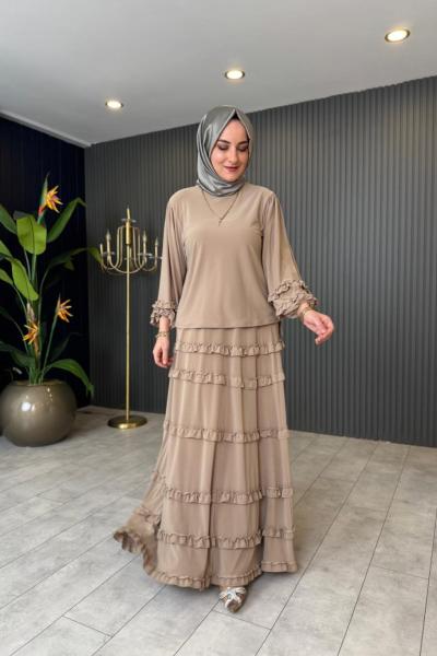 Fırfır Detaylı Efsun Etekli Takım Bej
