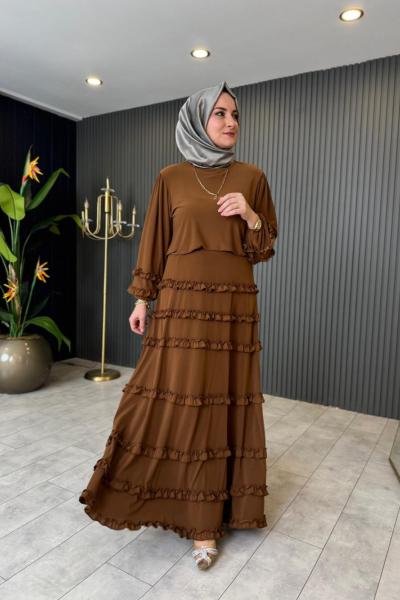 Fırfır Detaylı Efsun Etekli Takım Kahverengi