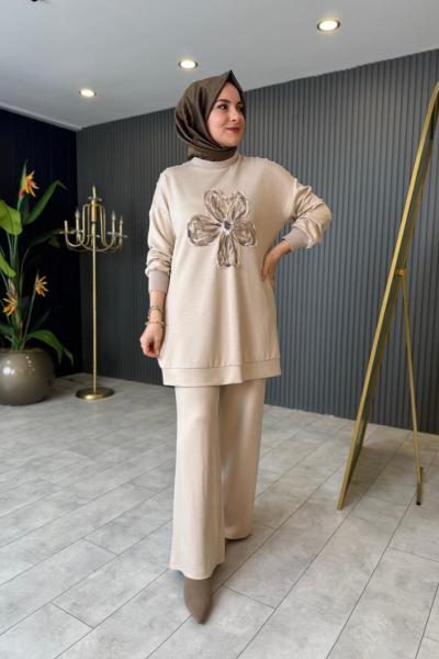 Çiçek İşlemeli Oysho Pantolonlu Takım Bej
