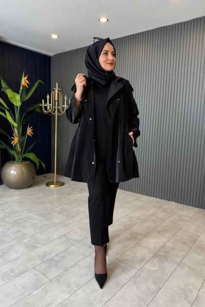 Belden Büzgülü Kısa Trençkot  Siyah