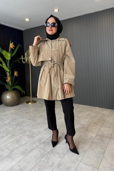 Belden Büzgülü Kısa Trençkot  Camel
