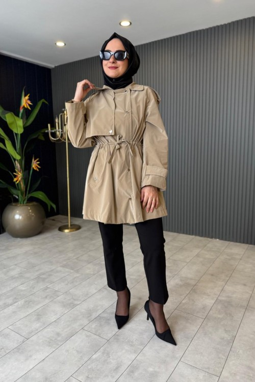 Belden Büzgülü Kısa Trençkot  Camel