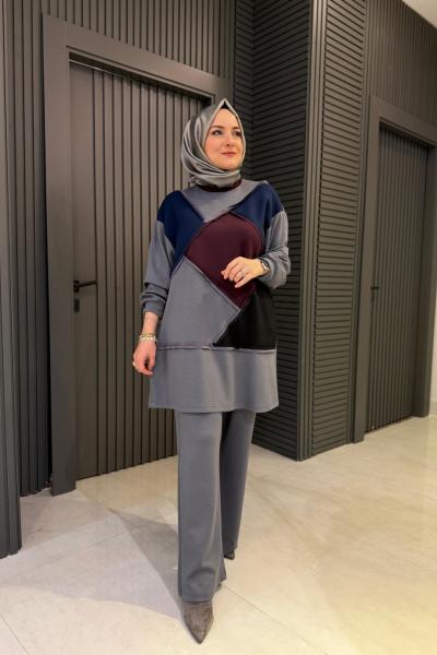 Geometrik Desenli Pantolonlu Takım Antrasit