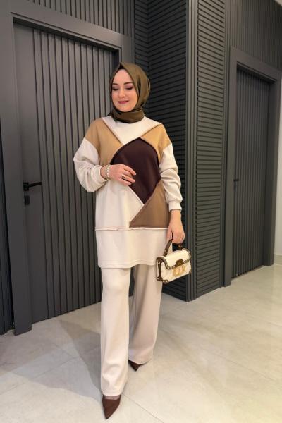 Geometrik Desenli Pantolonlu Takım Krem