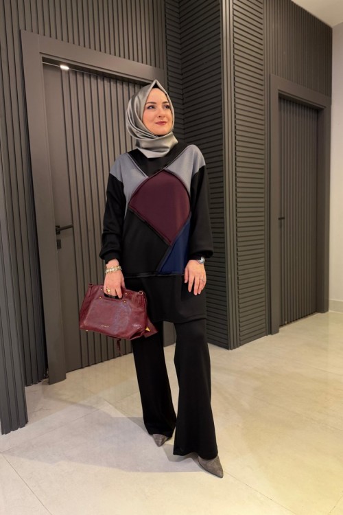 Geometrik Desenli Pantolonlu Takım Siyah