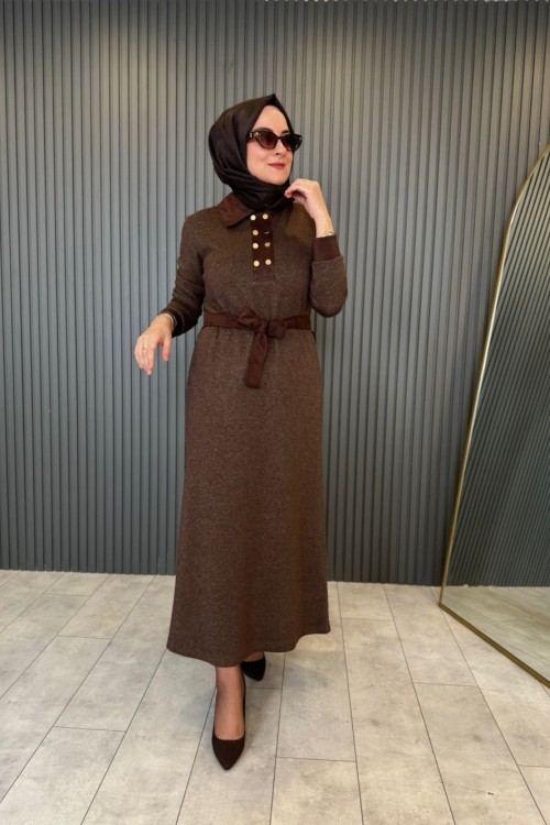 Süet Garnili Kaşmir Elbise Kahve