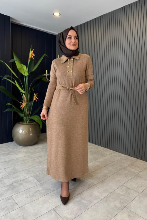 Süet Garnili Kaşmir Elbise Camel