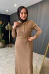 Süet Garnili Kaşmir Elbise Camel