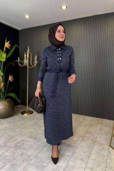 Süet Garnili Kaşmir Elbise Lacivert