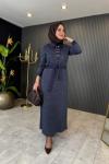 Süet Garnili Kaşmir Elbise Lacivert