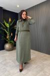 Süet Garnili Kaşmir Elbise Haki