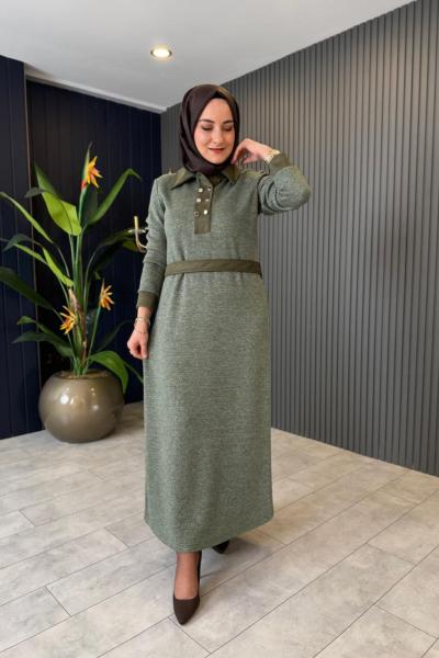 Süet Garnili Kaşmir Elbise Haki