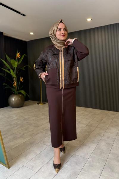 Deri Biye Detaylı Tasarım Etek Ceket Takım Kahverengi