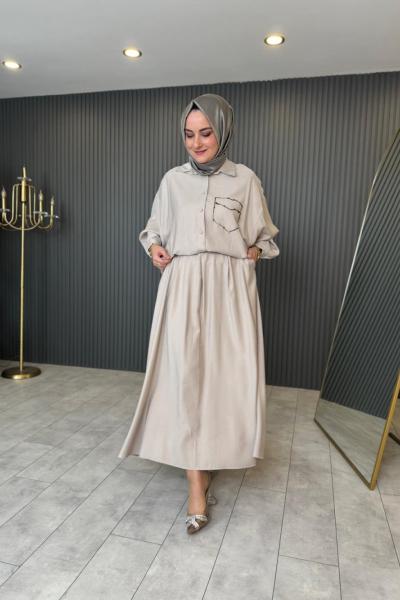 Tuniği Boncuk İşlemeli Etekli Takım Taş Rengi