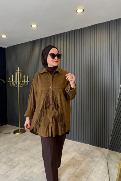 Püsküllü Süet Gömlek Haki