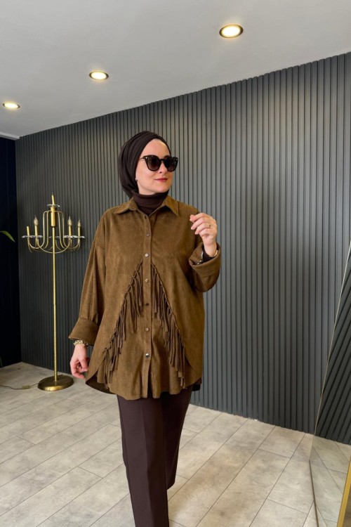 Püsküllü Süet Gömlek Haki