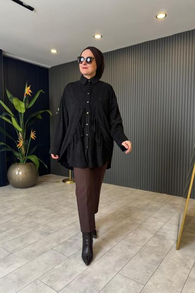 Püsküllü Süet Gömlek Siyah