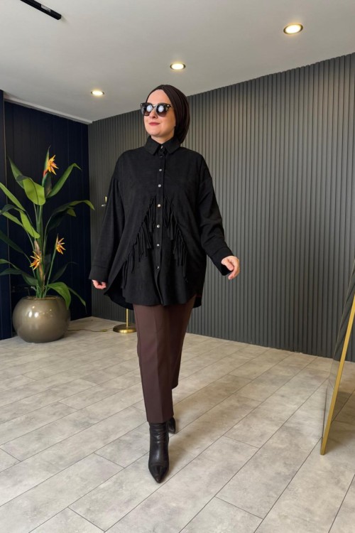 Püsküllü Süet Gömlek Siyah