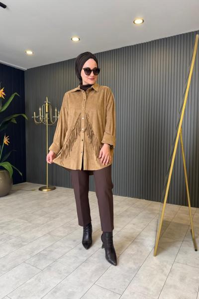 Püsküllü Süet Gömlek Camel