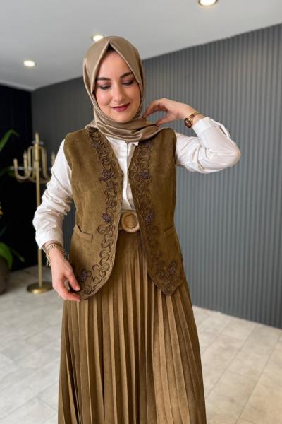 Ceremony Nakışlı Süet Yelek Haki
