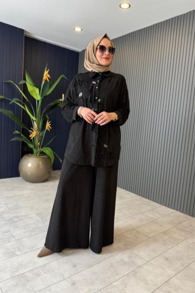 Lase Nakışlı Nubuk Pantolonlu Takım Siyah